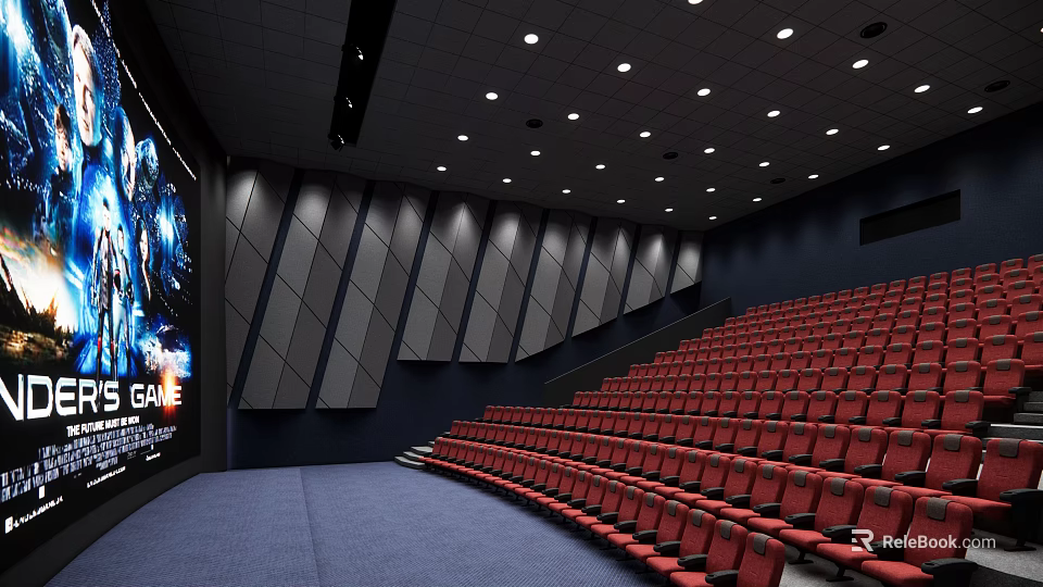 Modern Cinema Hall With Red Seats Large Screen And Ceiling Lights 3d model 