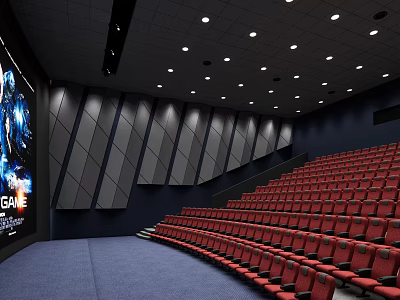 Modern Cinema Hall With Red Seats Large Screen And Ceiling Lights 3d model