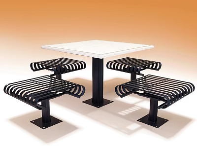 White Square Dining Table Set With Black Metal Slatted Benches And Sturdy Base 3d model
