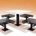 White Square Dining Table Set With Black Metal Slatted Benches And Sturdy Base 3d model