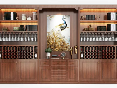 Elegant Wooden Wine Cabinet With Wine Racks Glass Holders Warm Lighting And Peacock Painting 3d model