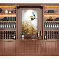 Elegant Wooden Wine Cabinet With Wine Racks Glass Holders Warm Lighting And Peacock Painting