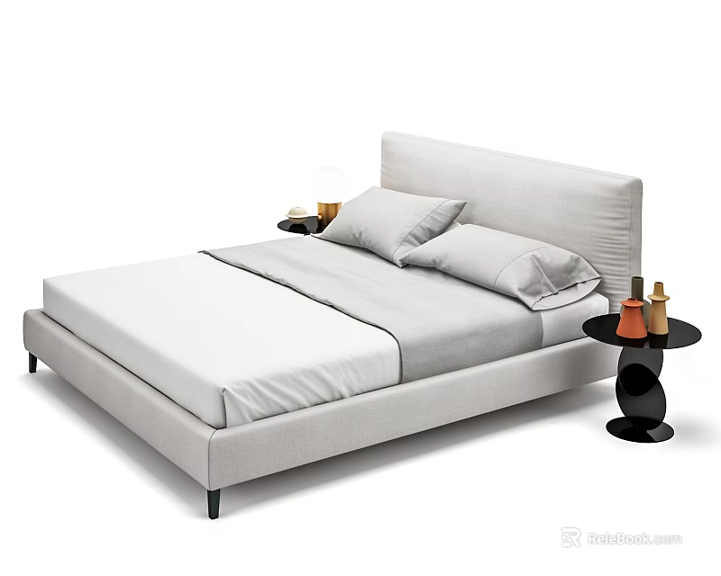 Modern Double Bed with White Mattress Upholstered Headboard and Nightstands Holding Decorative Bottles 3d model 