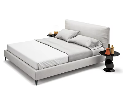 Modern Double Bed with White Mattress Upholstered Headboard and Nightstands Holding Decorative Bottles 3d model