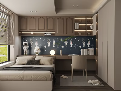 Modern Tatami Bedroom Interior With Tatami Bed Desk And Wooden Storage Cabinets 3d model
