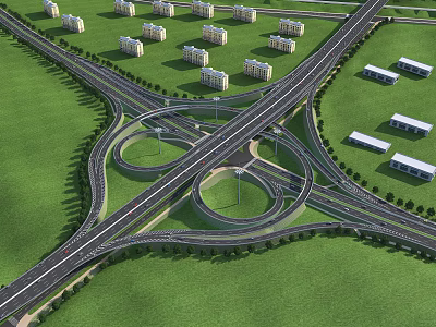 Multi Level Highway Bridge With Circular Loops Intersecting Roads Green Grasslands And White Buildings 3d model