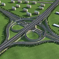 Multi Level Highway Bridge With Circular Loops Intersecting Roads Green Grasslands And White Buildings 3d model