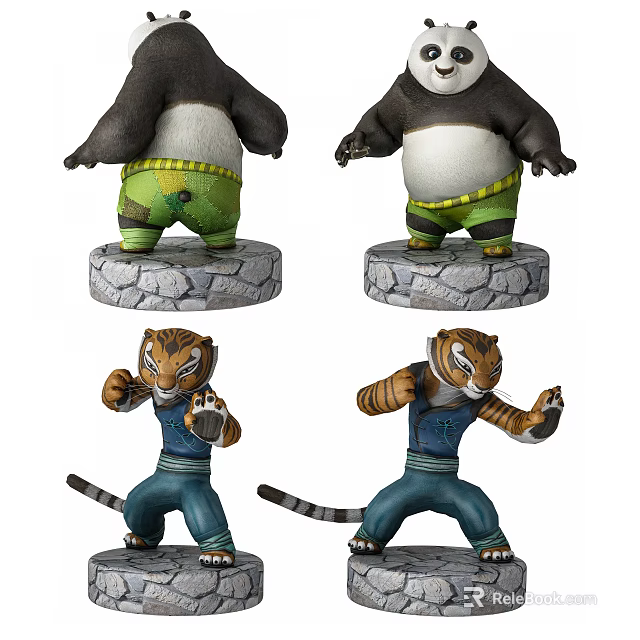 Kung Fu Panda and Tiger Action Figures With Dynamic Poses and Detailed Bases 3d model 