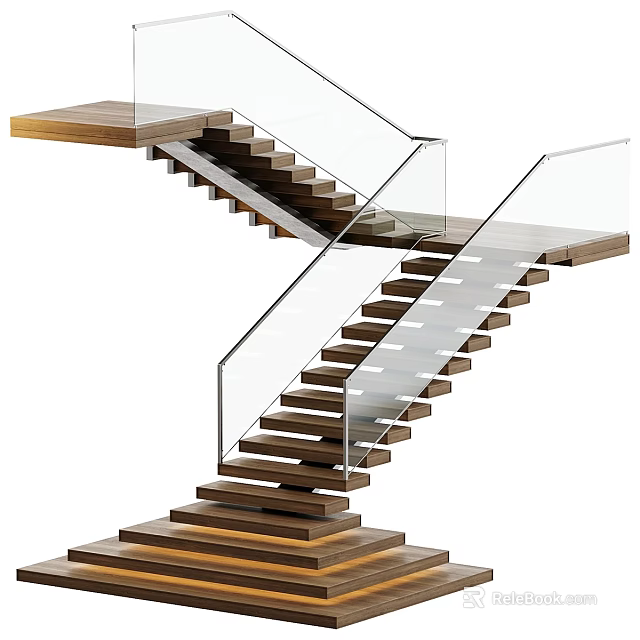 Modern Floating Staircase Design With Wooden Steps And Glass Railing For Home 3d model 