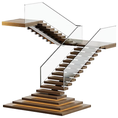Modern Floating Staircase Design With Wooden Steps And Glass Railing For Home 3d model