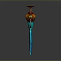 Ornate Sword With Red Brown Top Green Accents And Blue Icy Blade Design