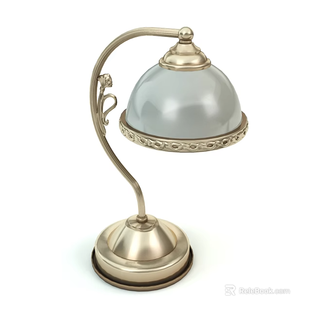 Elegant Metal Table Lamp With Curved Stem Transparent Shade And Carved Base 3d model 