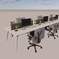 Modern Office Desk with Multiple Workstations Computer Monitors Ergonomic Chairs and Small Potted Plants 3d model