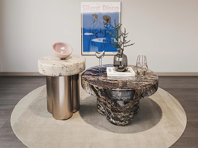 Modern Design Marble Coffee Table with Decorative Vase Small Plant Wine Glasses on Neutral Rug 3d model