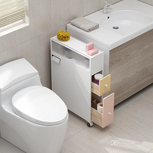 Modern White Console Side Cabinet With Pink Drawers Storage Basket And Wheels 3d model 