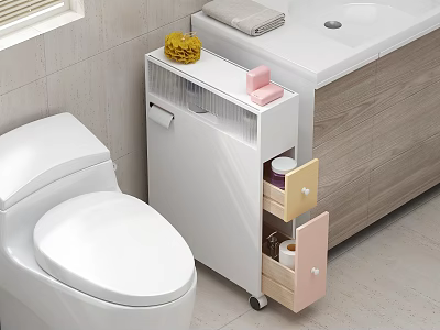 Modern White Console Side Cabinet With Pink Drawers Storage Basket And Wheels 3d model