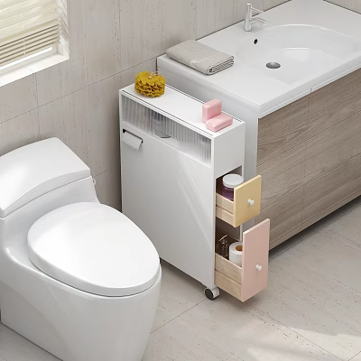 Modern White Console Side Cabinet With Pink Drawers Storage Basket And Wheels 3d model