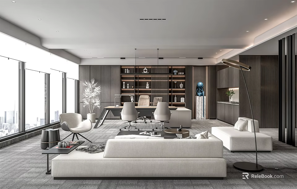 Modern Office Interior Design With Floor to Ceiling Windows White Sofas And Bookshelves 3d model