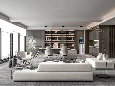 Modern Office Interior Design With Floor to Ceiling Windows White Sofas And Bookshelves 3d model