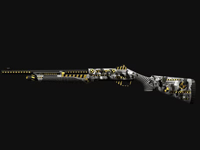 Mechanical Rifle With Intricate Silver Metallic Design And Yellow Decorative Details 3d model
