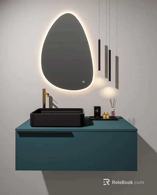 Black Rectangular Washbasin On Teal Countertop With Illuminated Oval Mirror And Decorative Items 3d model 