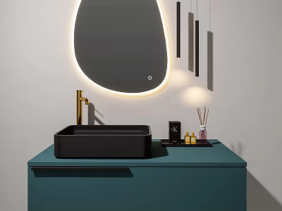 Black Rectangular Washbasin On Teal Countertop With Illuminated Oval Mirror And Decorative Items 3d model