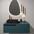 Black Rectangular Washbasin On Teal Countertop With Illuminated Oval Mirror And Decorative Items 3d model