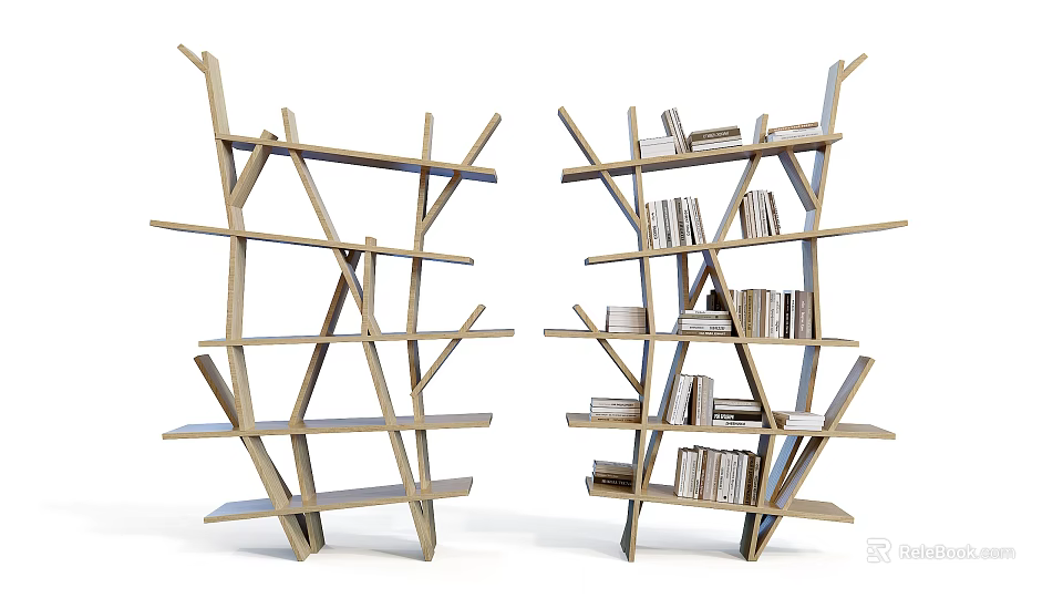 Modern Wooden Shelving Unit With Unique Structure And Stacked Books On Shelves 3d model 