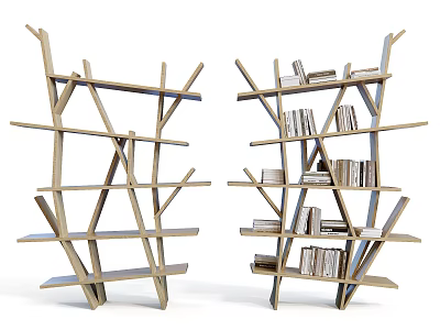 Modern Wooden Shelving Unit With Unique Structure And Stacked Books On Shelves 3d model