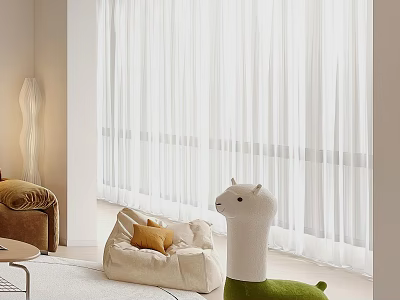 Modern Beige Leisure Chair With Orange Cushion And White Curtains In Living Room 3d model