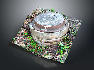 Urban Architecture Manhole Cover Surrounded by Green Plants and Fallen Leaves 3d model