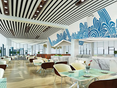 Modern Restaurant Interior With Black White Striped Ceiling And Blue Wave Wall Decor 3d model