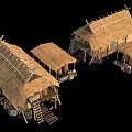 Rustic Log Cabin Exterior With Thatched Roof Wooden Structure Porch And Barrels