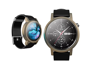 Modern Watches Smart Digital Display And Analog Dial With Date Black Leather Strap Golden Bezel 3d model