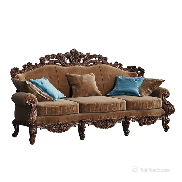 Vintage Multi Seater Sofa With Brown Velvet Upholstery Carved Wooden Frame And Blue Brown Cushions 3d model 