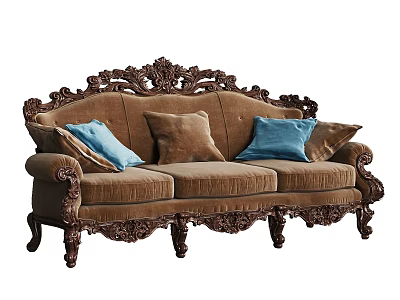 Vintage Multi Seater Sofa With Brown Velvet Upholstery Carved Wooden Frame And Blue Brown Cushions 3d model