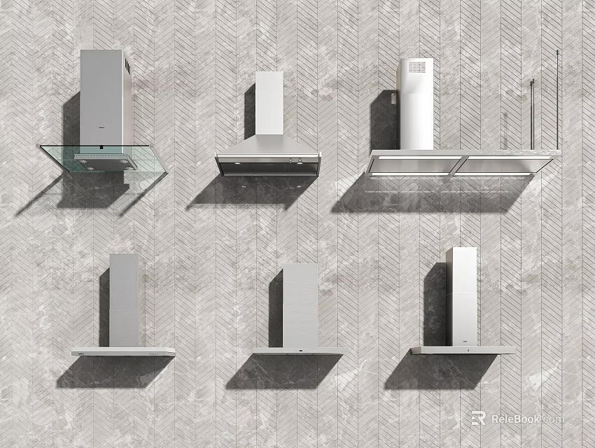 Different Styles Kitchen Range Hoods As Essential Kitchen Appliances On Gray Background 3d model 