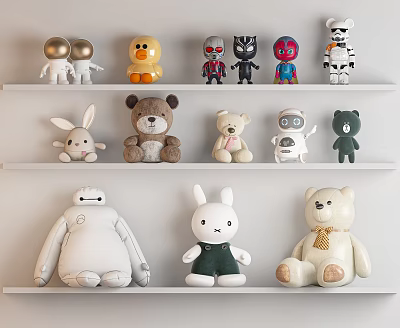 Various Stuffed Toys Collection On White Shelves Including Bears Rabbits And Robots 3d model