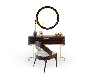 Dark Brown Wooden Dressing Table With Round Mirror Matching Chair And Decorative Items 3d model