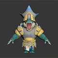 Cute Blue Aquatic Crocodile Character Wearing Silver And Gold Armor With Sharp Teeth 3d model