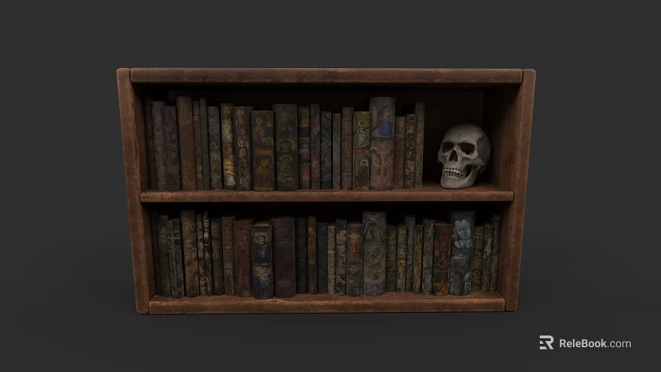 Vintage Books On Wooden Bookshelf With Classic Spines And Skull Decor 3d model 