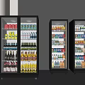 Three Commercial Glass Door Refrigerators Filled with Assorted Beverages in Retail