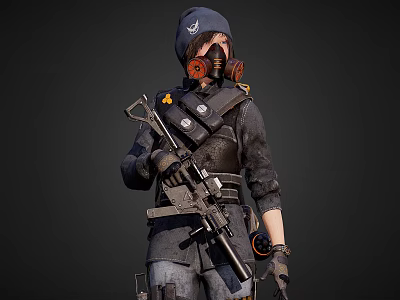 Tactical Character Wearing Gas Mask and Cap in Dark Combat Outfit With Rifle 3d model