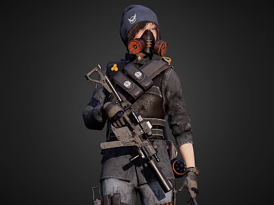 Tactical Character Wearing Gas Mask and Cap in Dark Combat Outfit With Rifle 3d model