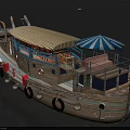 Vintage Wooden Yacht with Blue White Canopy Red Accents Two Chimneys Dinghy and Open Deck
