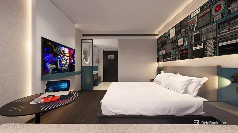 Modern Hotel Room Interior With Large Bed Art Wall TV And Wooden Flooring 3d model 