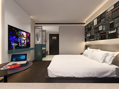 Modern Hotel Room Interior With Large Bed Art Wall TV And Wooden Flooring 3d model