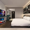Modern Hotel Room Interior With Large Bed Art Wall TV And Wooden Flooring