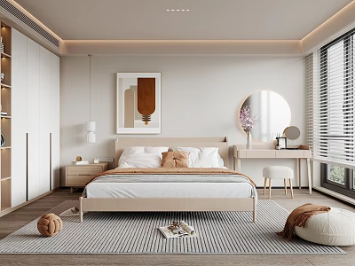 Modern Bedroom Interior With White Wardrobe Beige Bed Round Mirror Desk Rug And Blinds 3d model