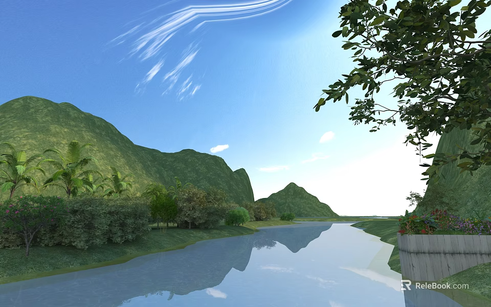 Beautiful Mountain Landscape With Blue Sky White Clouds River Reflection Green Trees And Bushes 3d model 